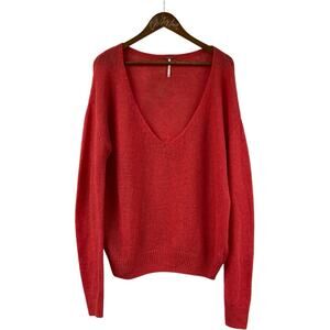 Free People Red Knit Sweater Alpaca Wool Blend XS Oversized V Deep Neck